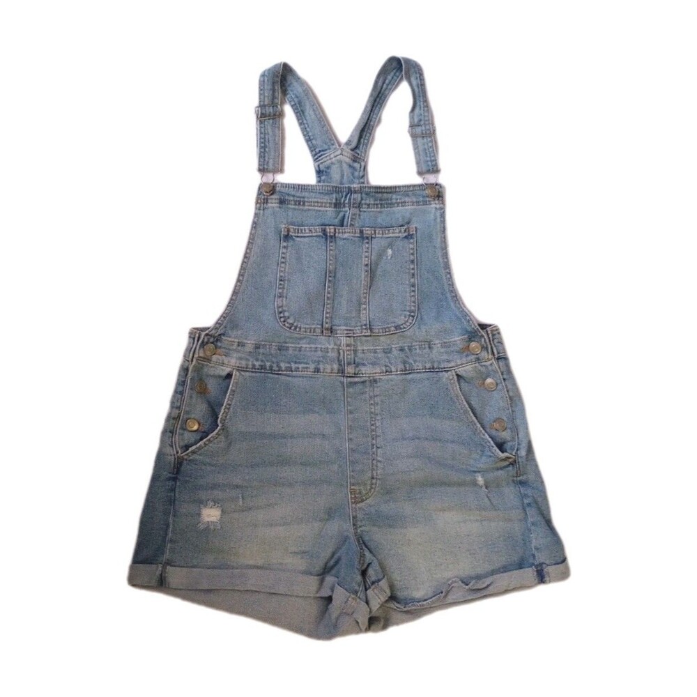 No Boundaries Cuffed Denim Jean Bib Overall Shorts sz L 11-13 Junior Womens